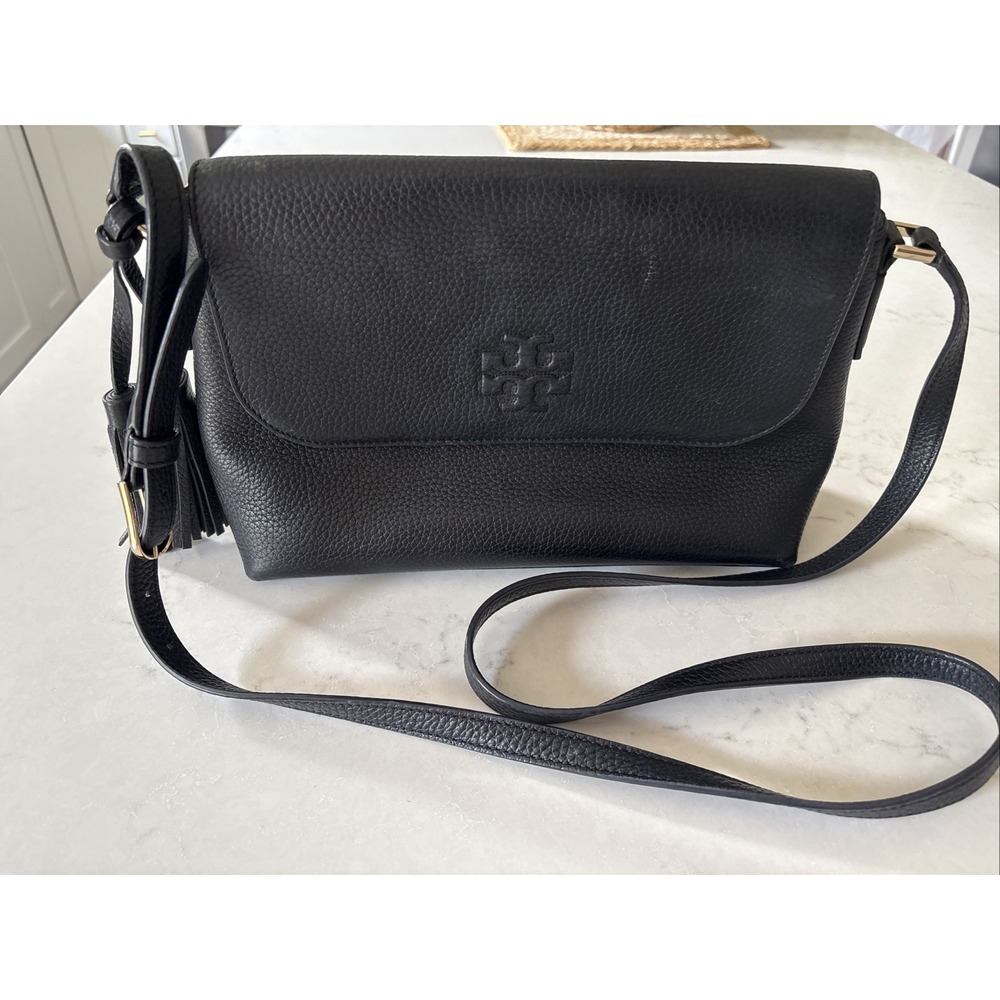 Tory Burch Thea Pebbled Leather Messenger Flap Bag Black Shoulder Tassels Logo